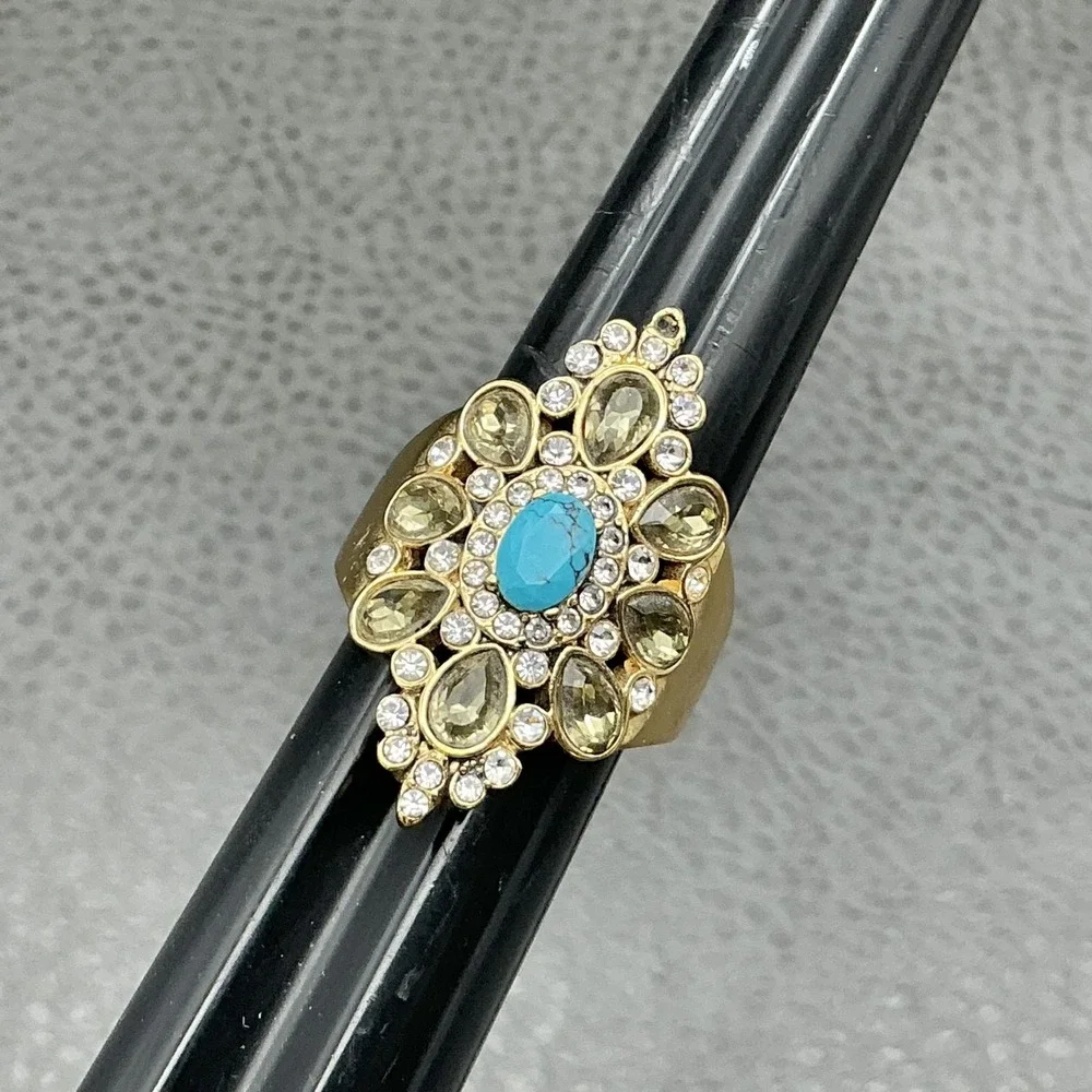 Ring Size 8 Gold Tone Turquoise Rhinestone Cocktail Statement‎ Teardrop Costume